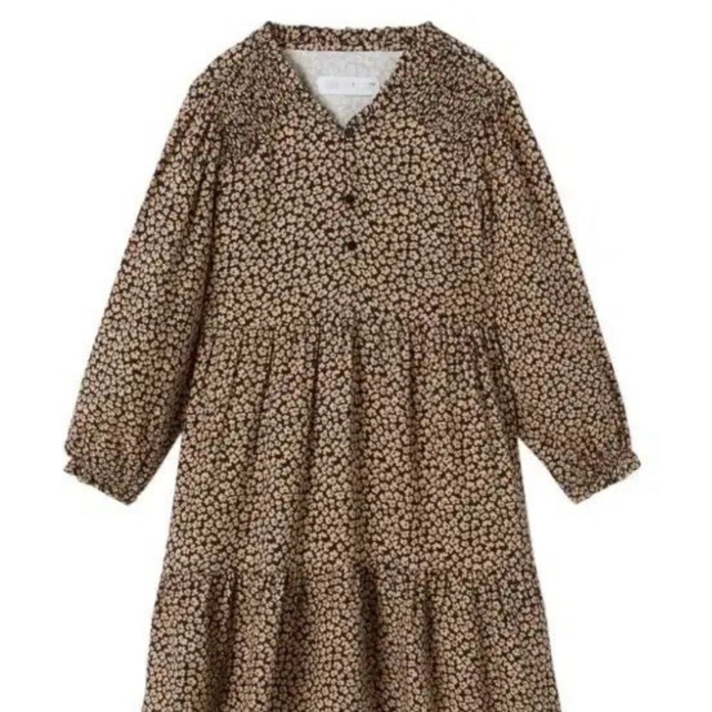 ZARA GIRL'S  11-12 DRESS BLACK BROWN FLORAL MIDI TIERED‎ LONG SLEEVE COTTAGECORE